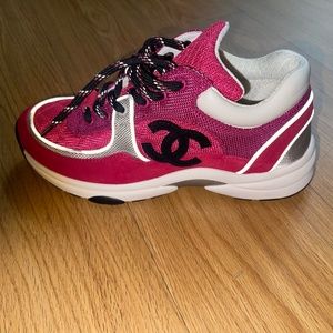 Chanel Suede Calfskin Grained Calfskin Womens CC Sneakers Dark 37.5 Pink Silver